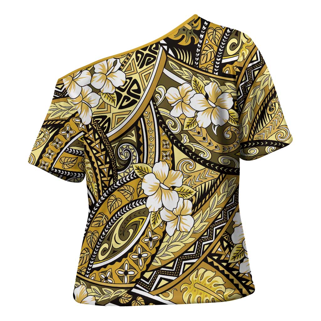 Polynesian Hibiscus Tropical Yellow Floral Cross Shoulder Shirt Tribal Pattern - Polynesian Pride