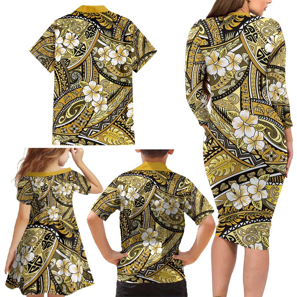 Polynesian Hibiscus Tropical Yellow Floral Family Matching Long Sleeve Bodycon Dress and Hawaiian Shirt Tribal Pattern - Polynesian Pride