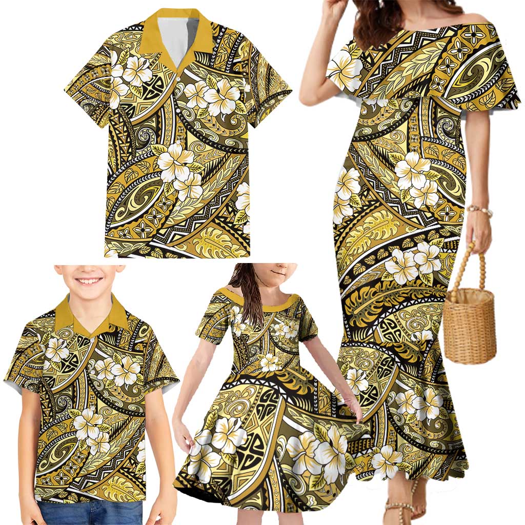 Polynesian Hibiscus Tropical Yellow Floral Family Matching Mermaid Dress and Hawaiian Shirt Tribal Pattern - Polynesian Pride