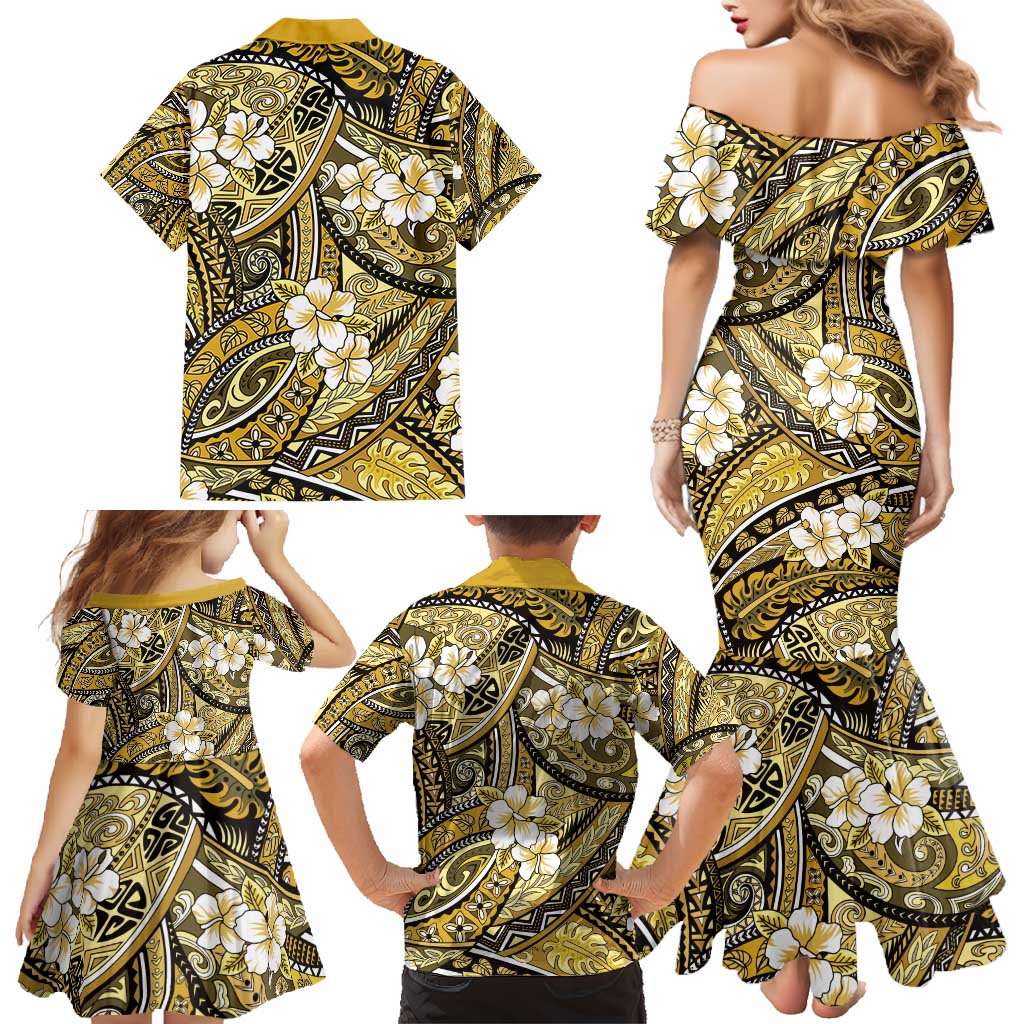 Polynesian Hibiscus Tropical Yellow Floral Family Matching Mermaid Dress and Hawaiian Shirt Tribal Pattern - Polynesian Pride