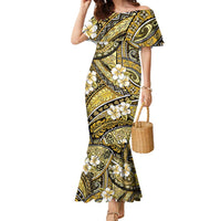 Polynesian Hibiscus Tropical Yellow Floral Family Matching Mermaid Dress and Hawaiian Shirt Tribal Pattern - Polynesian Pride