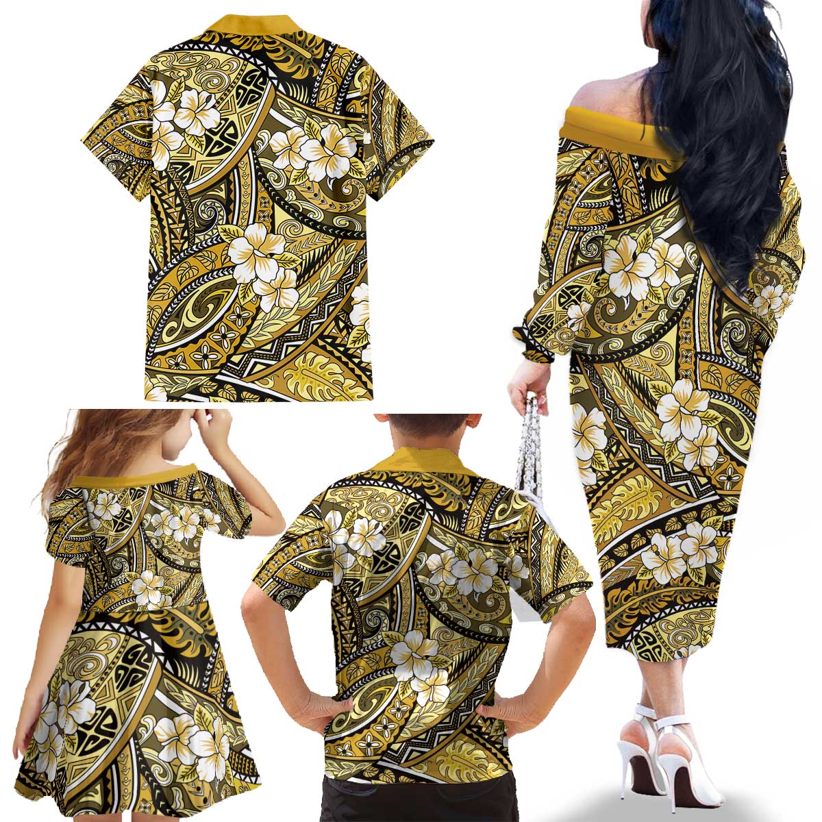 Polynesian Hibiscus Tropical Yellow Floral Family Matching Off The Shoulder Long Sleeve Dress and Hawaiian Shirt Tribal Pattern - Polynesian Pride