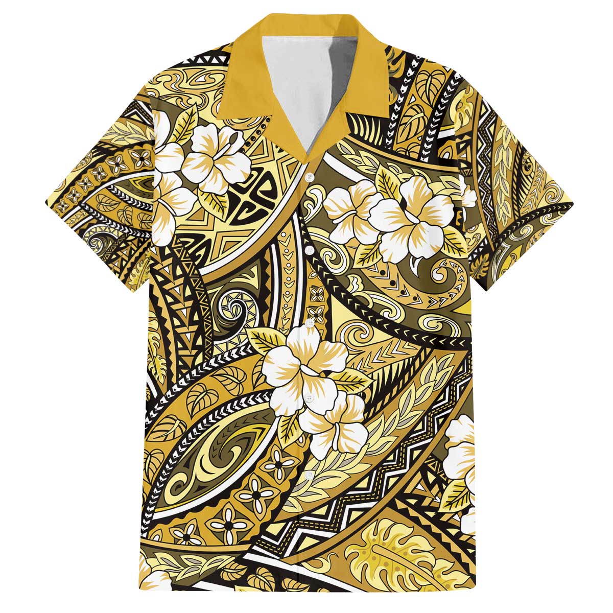 Polynesian Hibiscus Tropical Yellow Floral Family Matching Off The Shoulder Long Sleeve Dress and Hawaiian Shirt Tribal Pattern - Polynesian Pride
