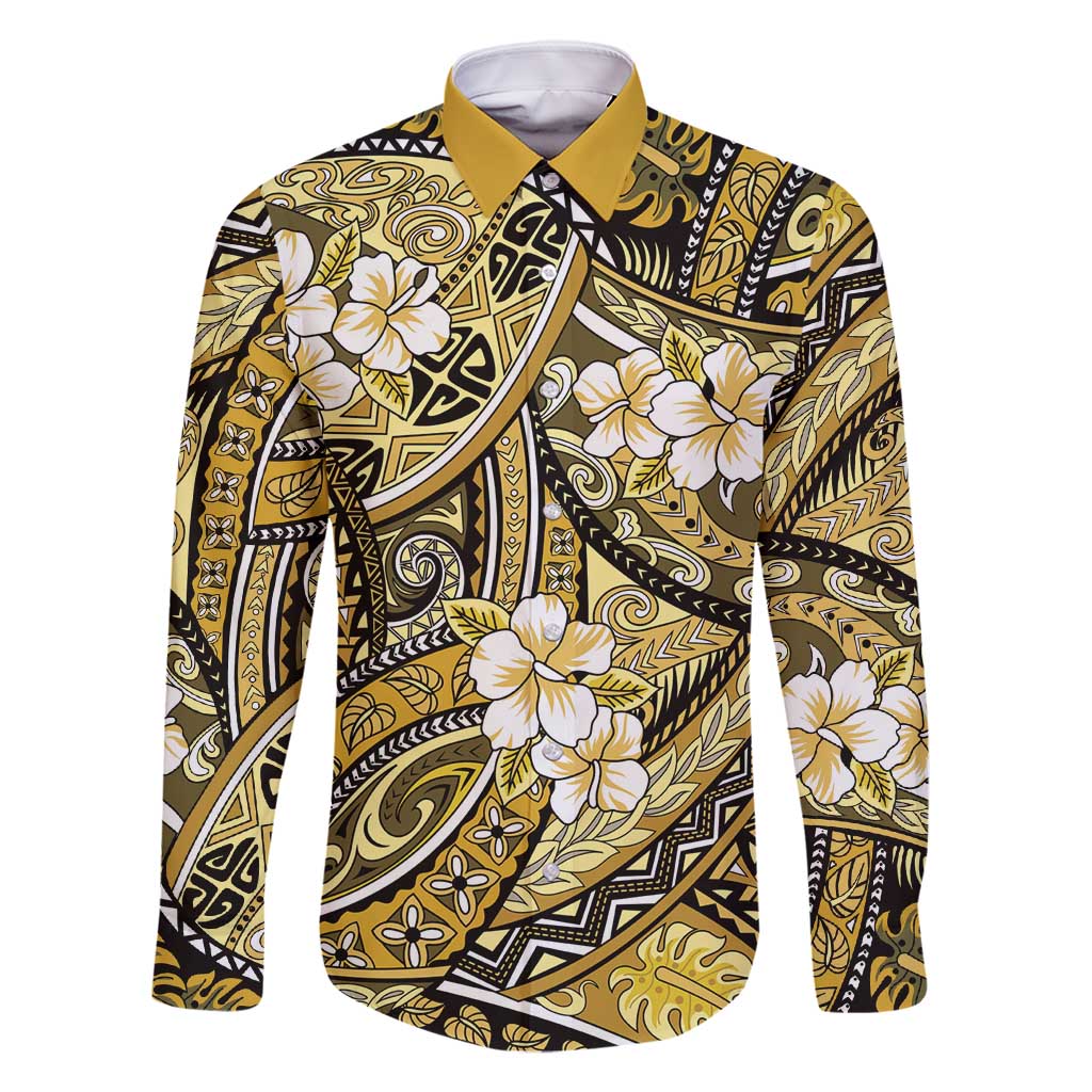 Polynesian Hibiscus Tropical Yellow Floral Family Matching Off Shoulder Maxi Dress and Hawaiian Shirt Tribal Pattern - Polynesian Pride