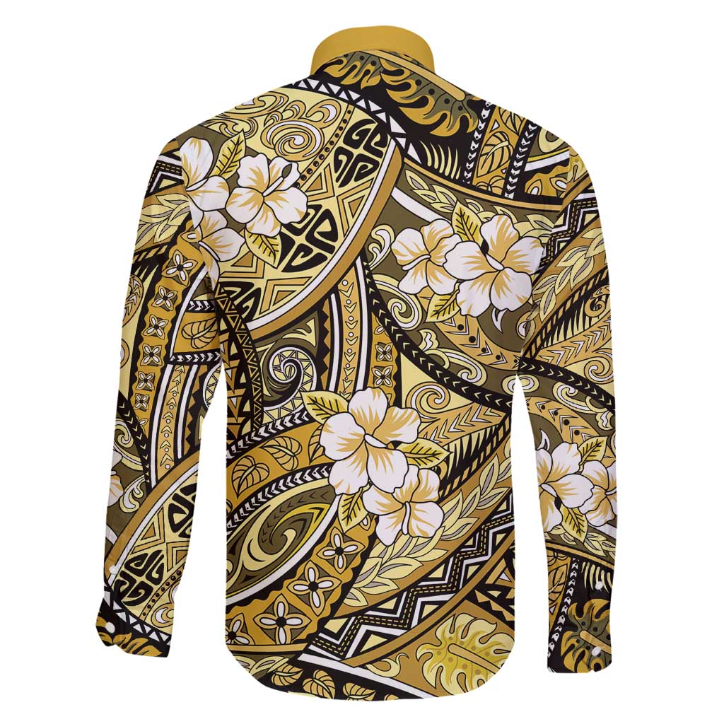 Polynesian Hibiscus Tropical Yellow Floral Family Matching Off Shoulder Maxi Dress and Hawaiian Shirt Tribal Pattern - Polynesian Pride