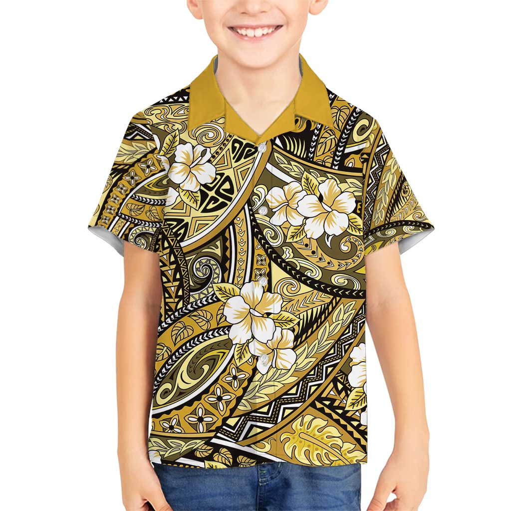 Polynesian Hibiscus Tropical Yellow Floral Family Matching Off Shoulder Maxi Dress and Hawaiian Shirt Tribal Pattern - Polynesian Pride