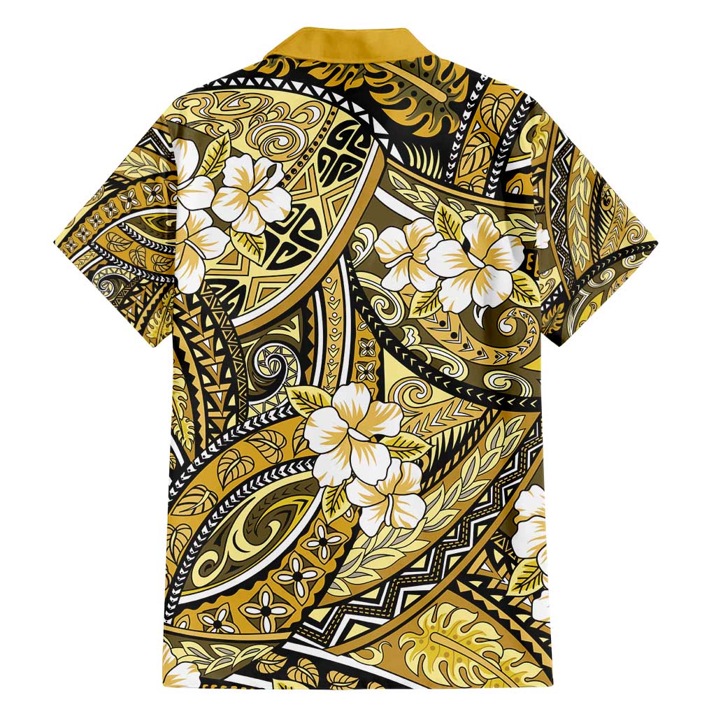 Polynesian Hibiscus Tropical Yellow Floral Family Matching Off Shoulder Short Dress and Hawaiian Shirt Tribal Pattern - Polynesian Pride