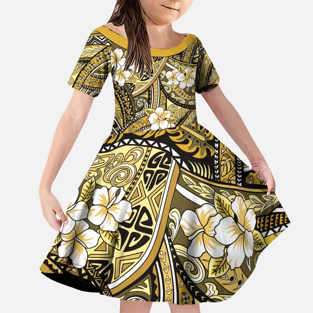 Polynesian Hibiscus Tropical Yellow Floral Family Matching Puletasi and Hawaiian Shirt Tribal Pattern LT01 Daughter's Dress Yellow - Polynesian Pride