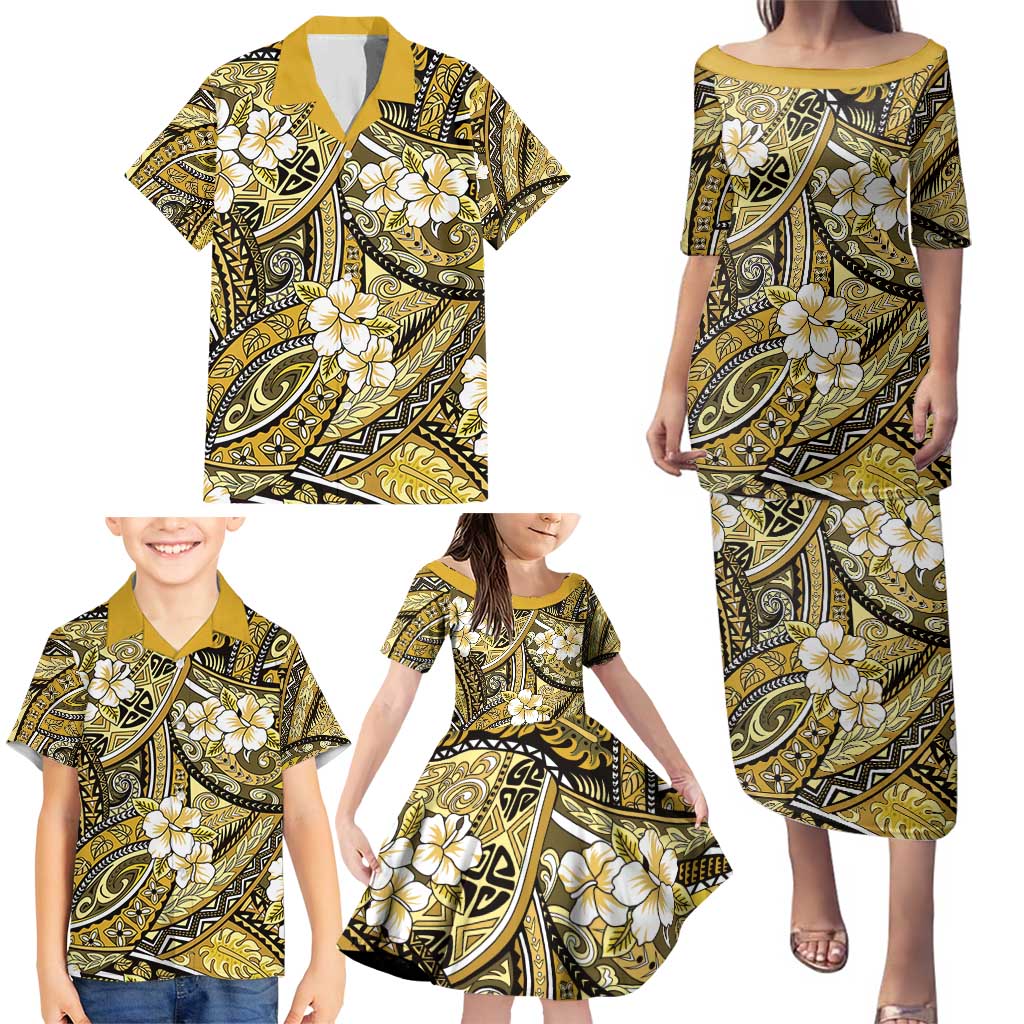 Polynesian Hibiscus Tropical Yellow Floral Family Matching Puletasi and Hawaiian Shirt Tribal Pattern LT01 - Polynesian Pride