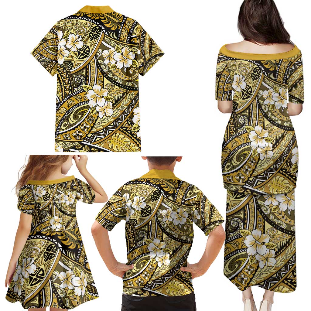 Polynesian Hibiscus Tropical Yellow Floral Family Matching Puletasi and Hawaiian Shirt Tribal Pattern LT01 - Polynesian Pride