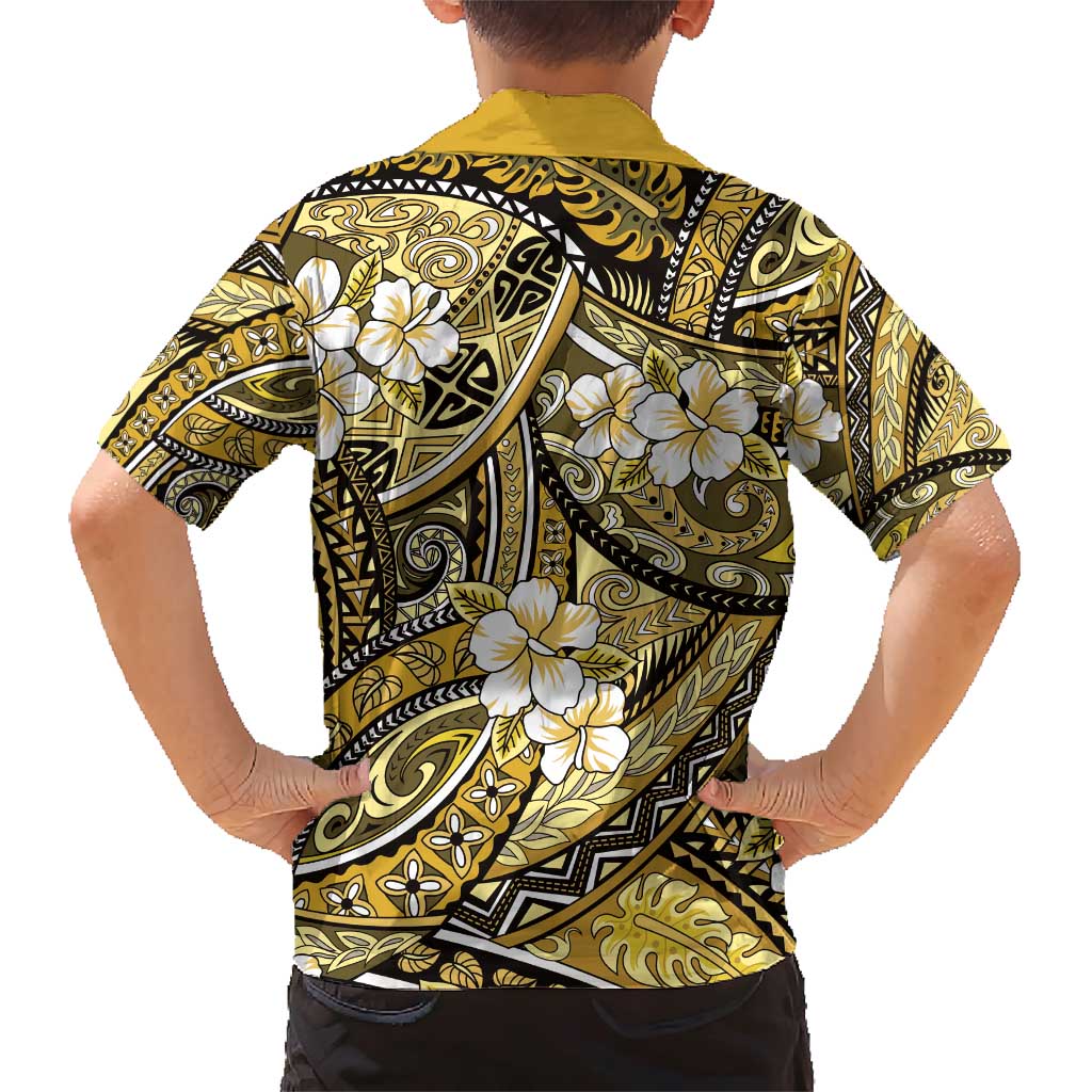 Polynesian Hibiscus Tropical Yellow Floral Family Matching Short Sleeve Bodycon Dress and Hawaiian Shirt Tribal Pattern - Polynesian Pride