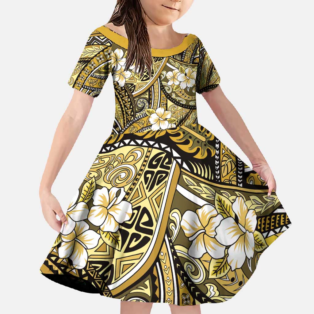 Polynesian Hibiscus Tropical Yellow Floral Family Matching Short Sleeve Bodycon Dress and Hawaiian Shirt Tribal Pattern - Polynesian Pride