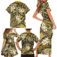 Polynesian Hibiscus Tropical Yellow Floral Family Matching Short Sleeve Bodycon Dress and Hawaiian Shirt Tribal Pattern - Polynesian Pride