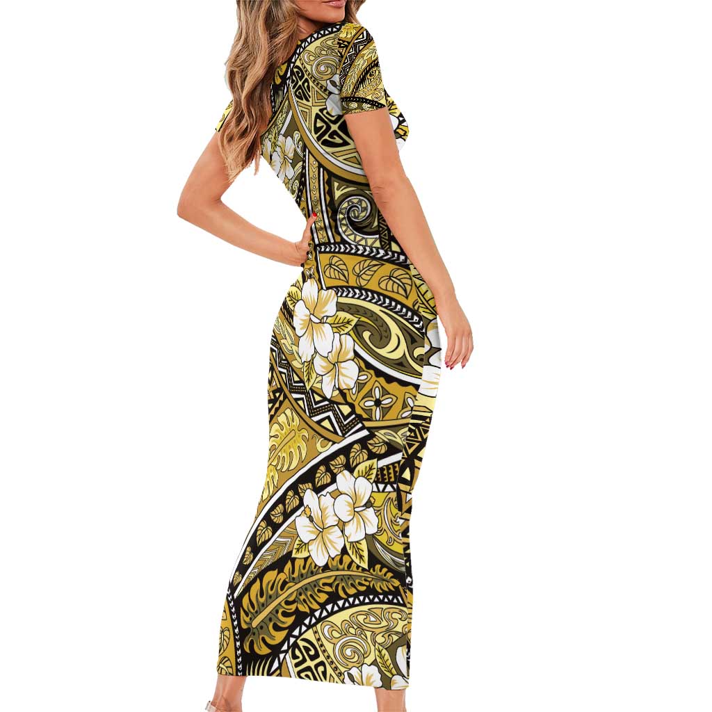 Polynesian Hibiscus Tropical Yellow Floral Family Matching Short Sleeve Bodycon Dress and Hawaiian Shirt Tribal Pattern - Polynesian Pride