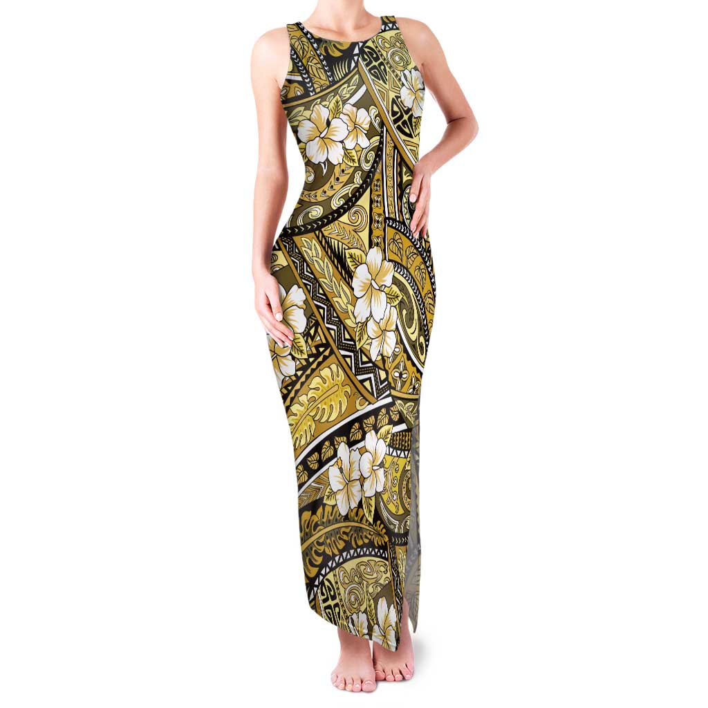 Polynesian Hibiscus Tropical Yellow Floral Family Matching Tank Maxi Dress and Hawaiian Shirt Tribal Pattern - Polynesian Pride