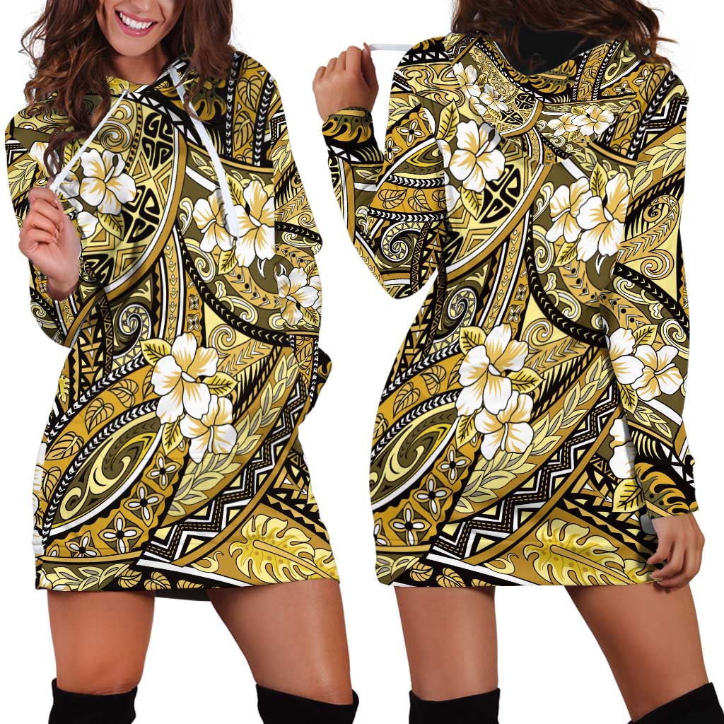Polynesian Hibiscus Tropical Yellow Floral Hoodie Dress Tribal Pattern - Polynesian Pride