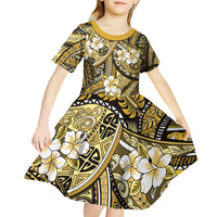 Polynesian Hibiscus Tropical Yellow Floral Kid Short Sleeve Dress Tribal Pattern - Polynesian Pride