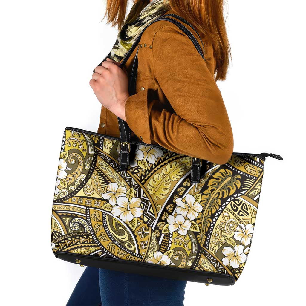 Polynesian Hibiscus Tropical Yellow Floral Leather Tote Bag Tribal Pattern - Polynesian Pride