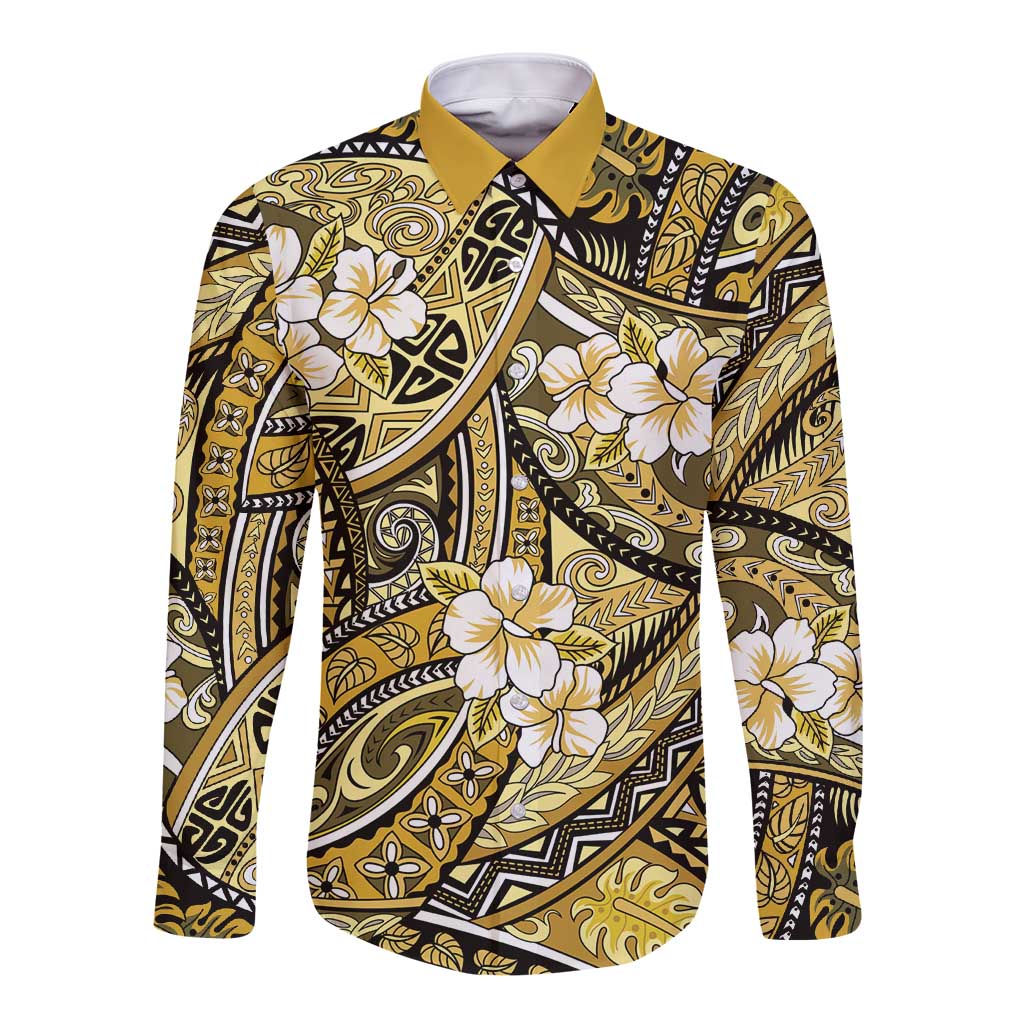Polynesian Hibiscus Tropical Yellow Floral Long Sleeve Button Shirt Tribal Pattern - Polynesian Pride