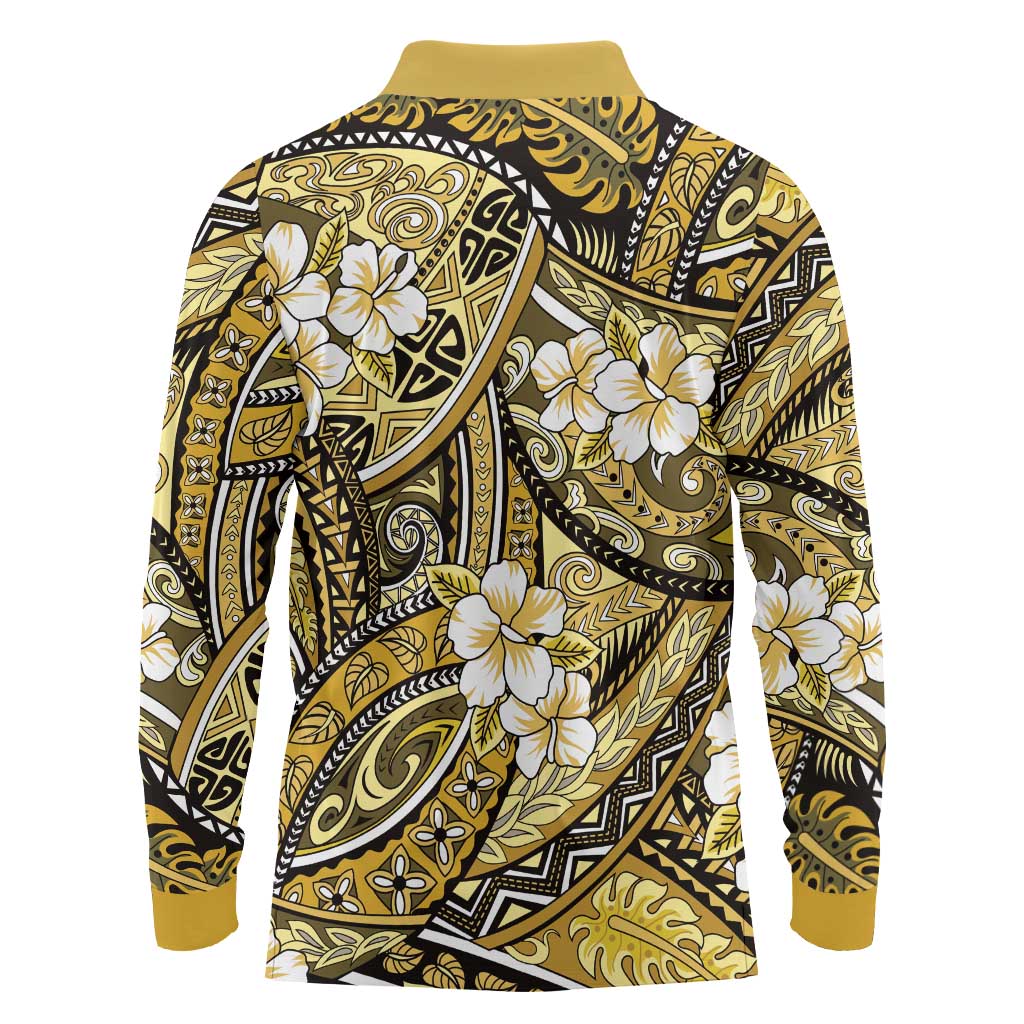 Polynesian Hibiscus Tropical Yellow Floral Long Sleeve Polo Shirt Tribal Pattern - Polynesian Pride