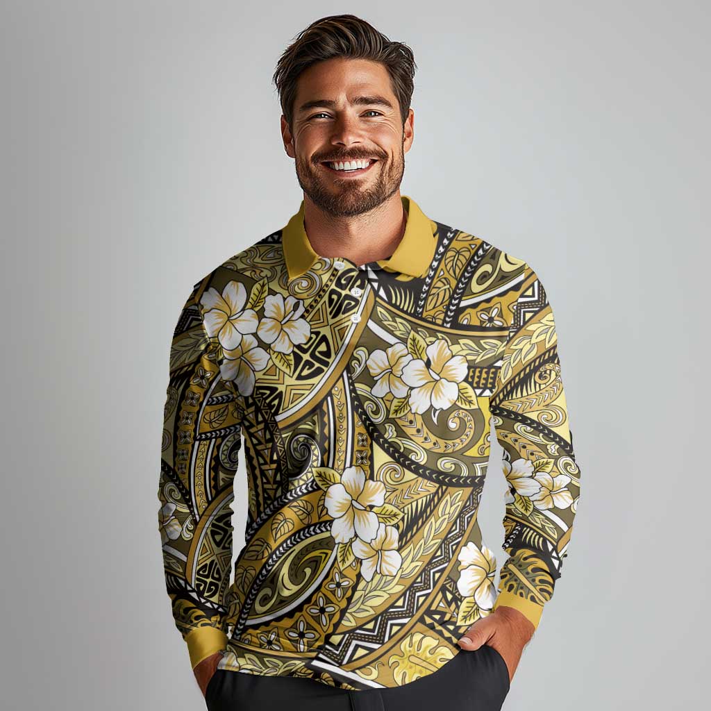 Polynesian Hibiscus Tropical Yellow Floral Long Sleeve Polo Shirt Tribal Pattern - Polynesian Pride