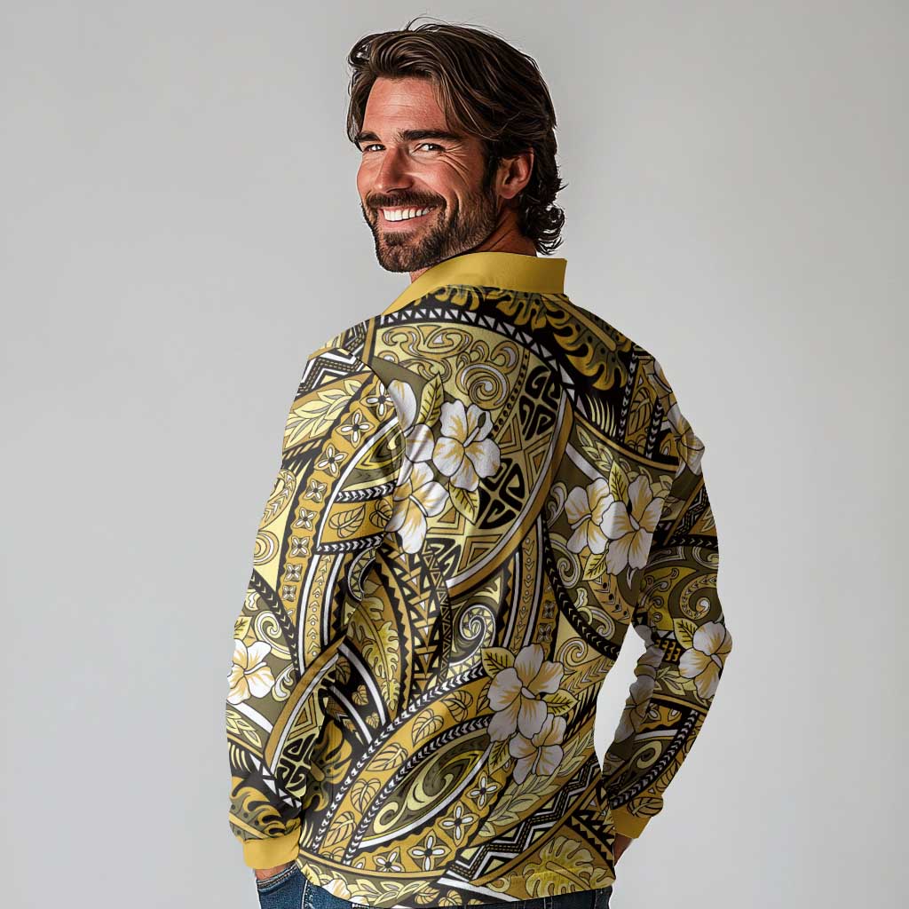 Polynesian Hibiscus Tropical Yellow Floral Long Sleeve Polo Shirt Tribal Pattern - Polynesian Pride