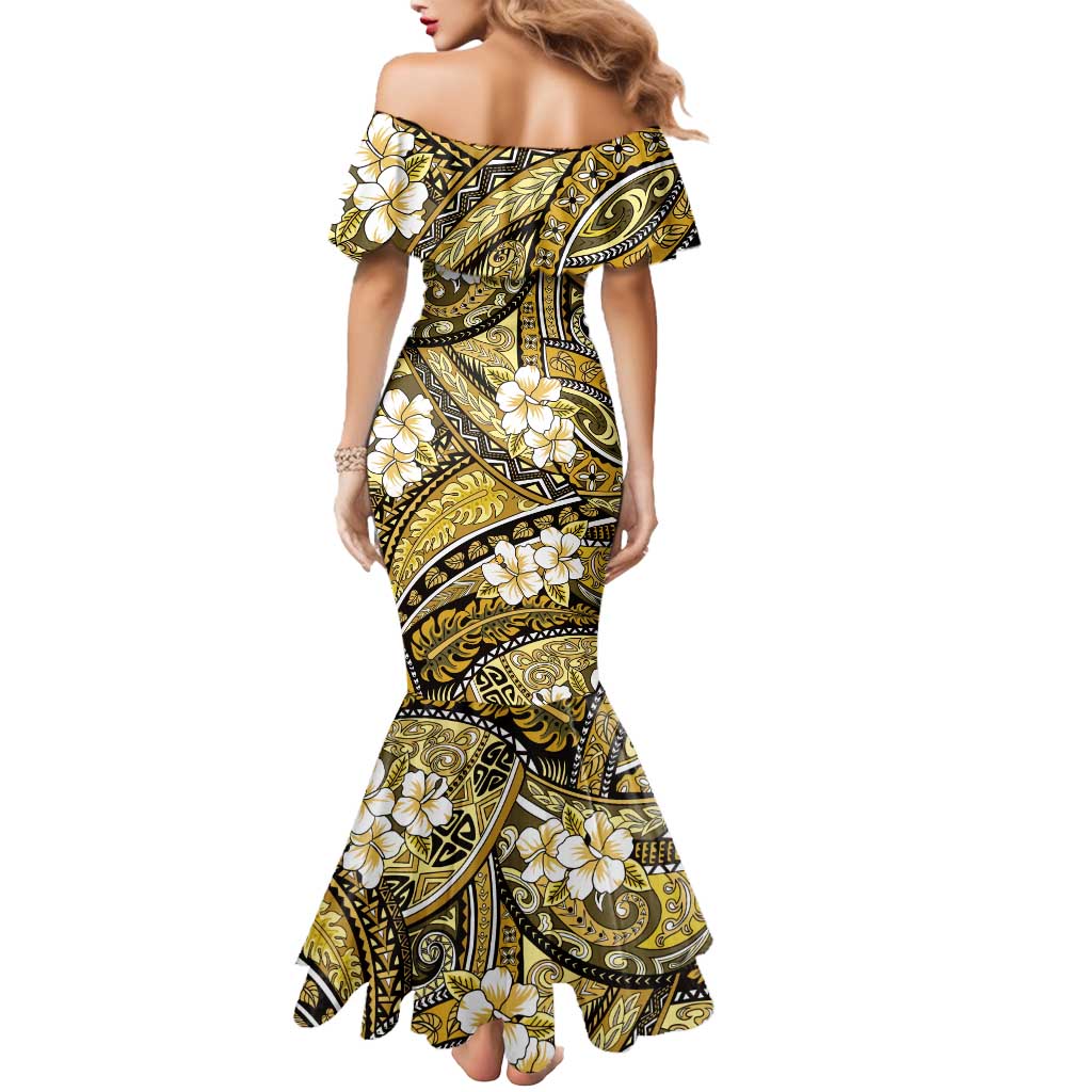 Polynesian Hibiscus Tropical Yellow Floral Mermaid Dress Tribal Pattern - Polynesian Pride