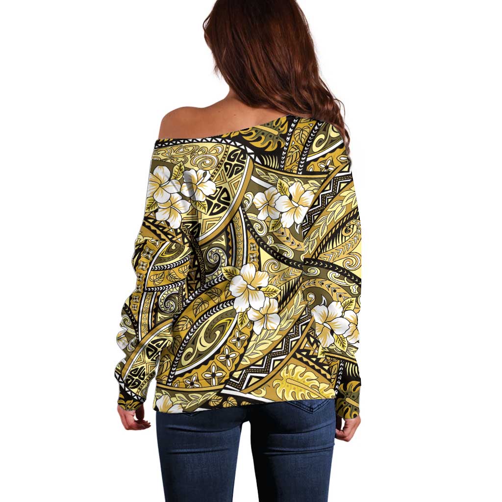 Polynesian Hibiscus Tropical Yellow Floral Off Shoulder Sweater Tribal Pattern - Polynesian Pride