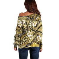 Polynesian Hibiscus Tropical Yellow Floral Off Shoulder Sweater Tribal Pattern - Polynesian Pride