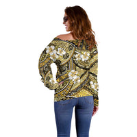 Polynesian Hibiscus Tropical Yellow Floral Off Shoulder Sweater Tribal Pattern - Polynesian Pride