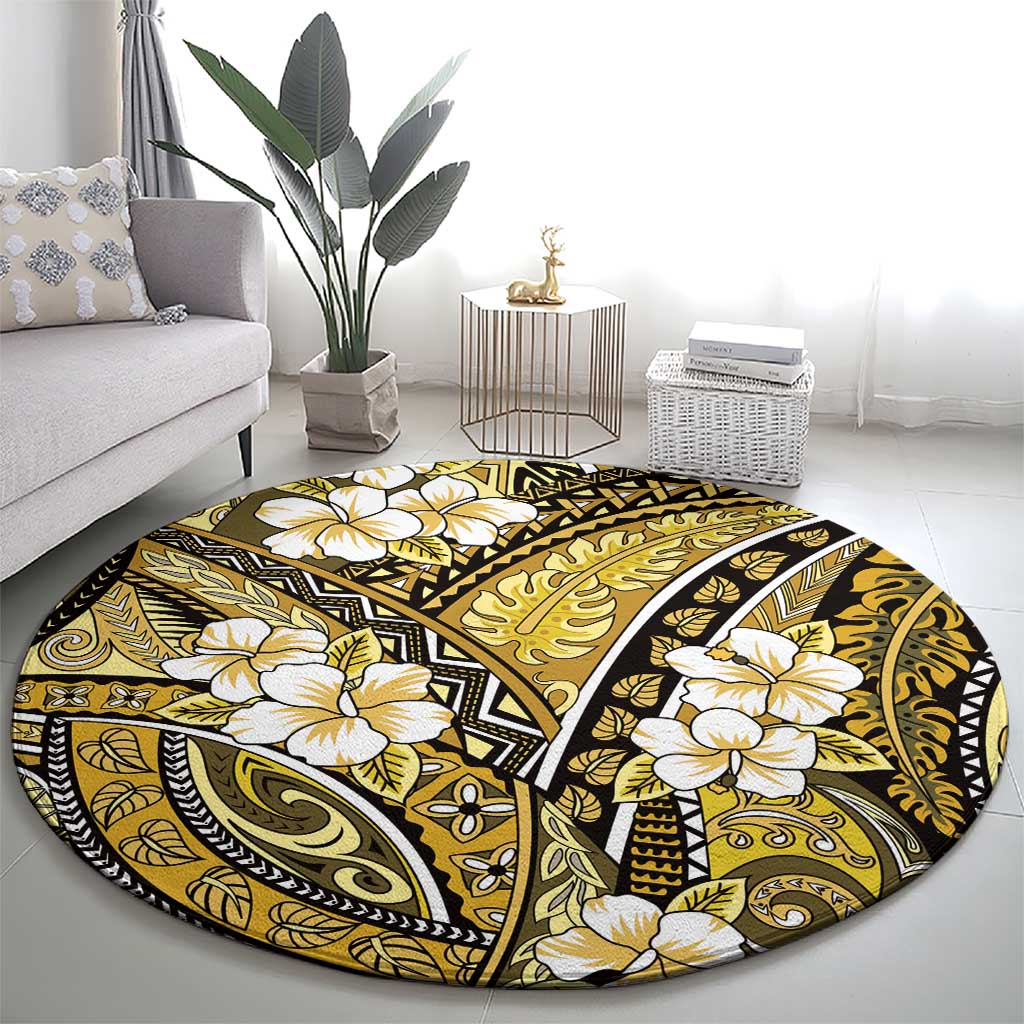 Polynesian Hibiscus Tropical Yellow Floral Round Carpet Tribal Pattern LT01 - Polynesian Pride