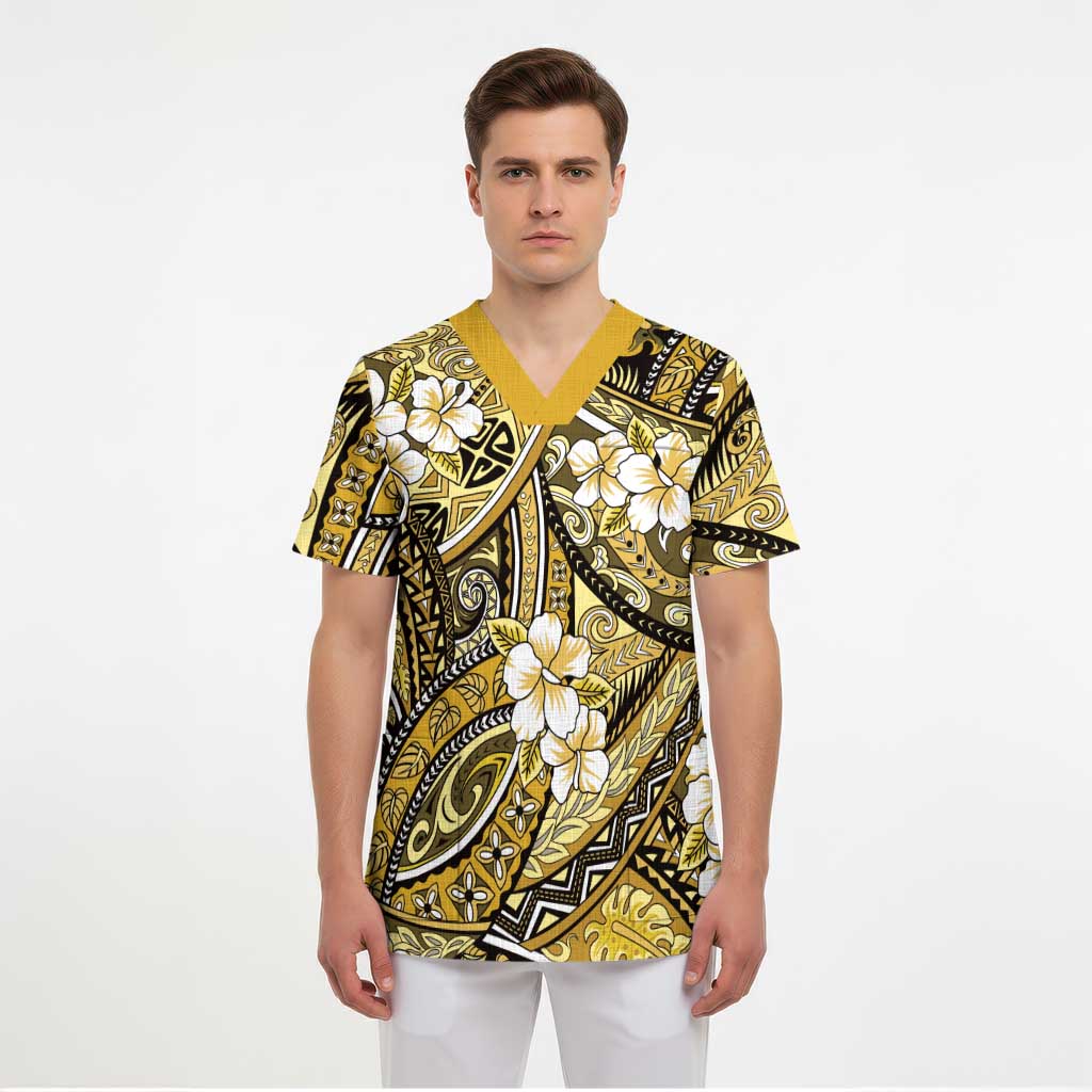 Polynesian Hibiscus Tropical Yellow Floral Scrub Top Tribal Pattern - Polynesian Pride