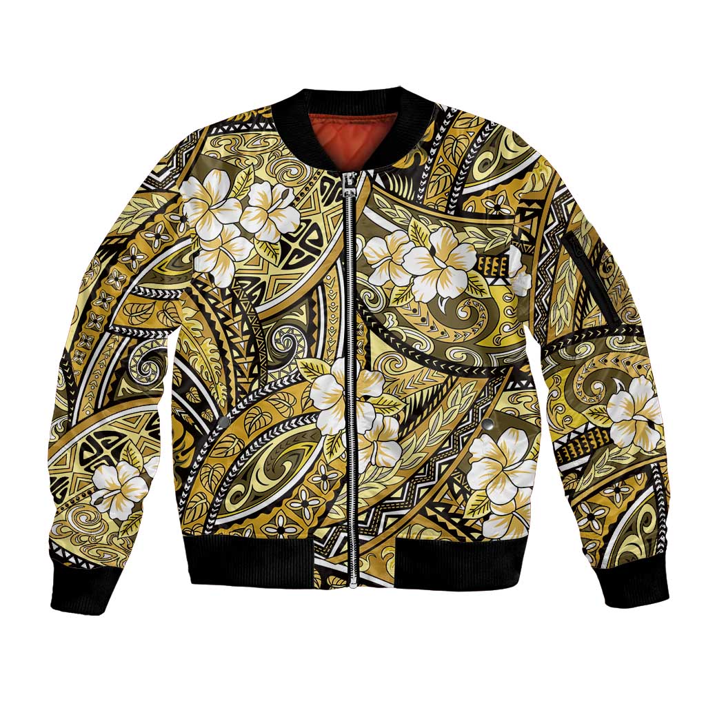 Polynesian Hibiscus Tropical Yellow Floral Sleeve Zip Bomber Jacket Tribal Pattern - Polynesian Pride