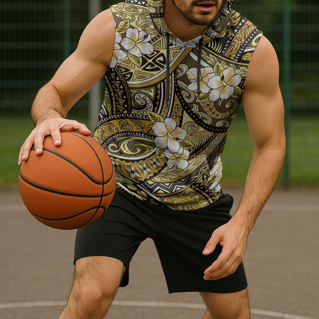 Polynesian Hibiscus Tropical Yellow Floral Sleeveless Hoodie Tribal Pattern - Polynesian Pride