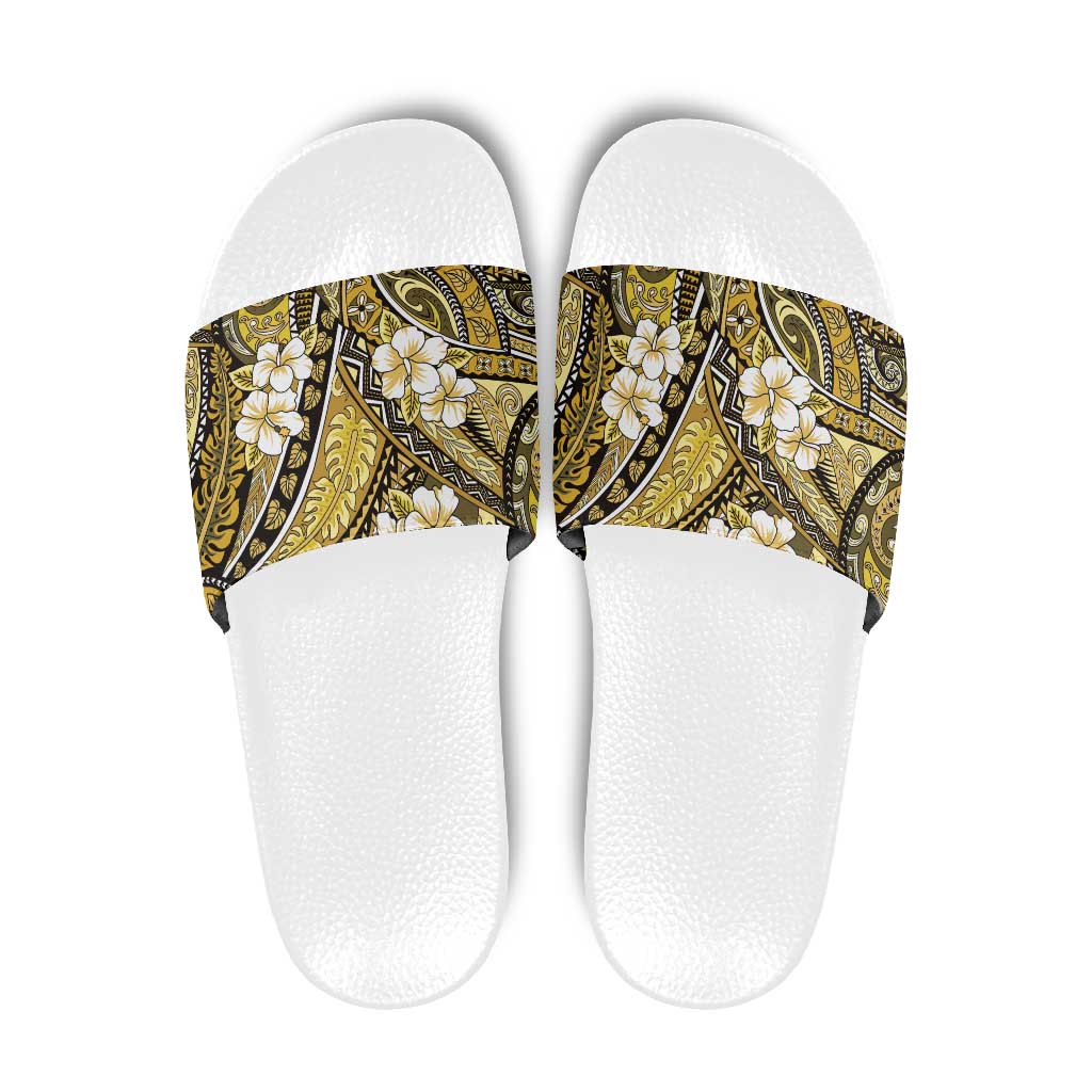 Polynesian Hibiscus Tropical Yellow Floral Slide Sandals Tribal Pattern - Polynesian Pride