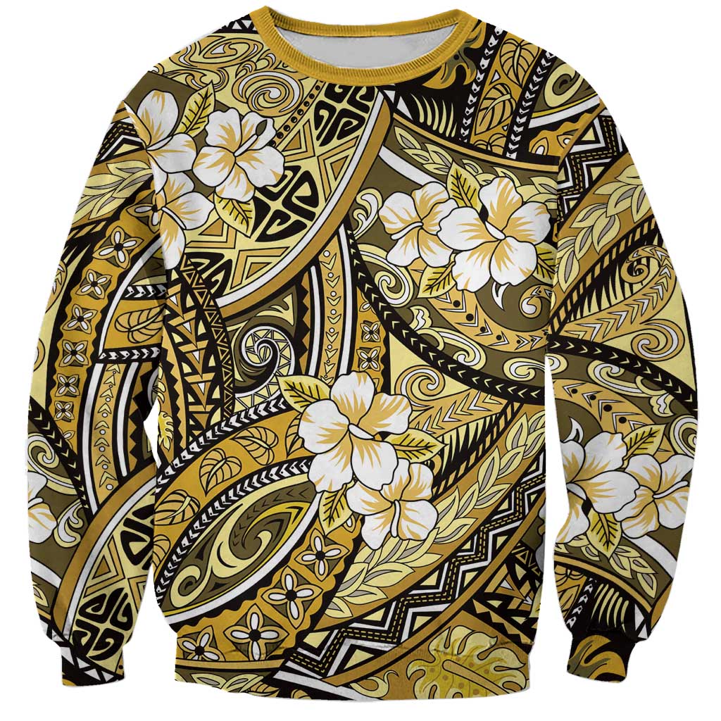 Polynesian Hibiscus Tropical Yellow Floral Sweatshirt Tribal Pattern - Polynesian Pride