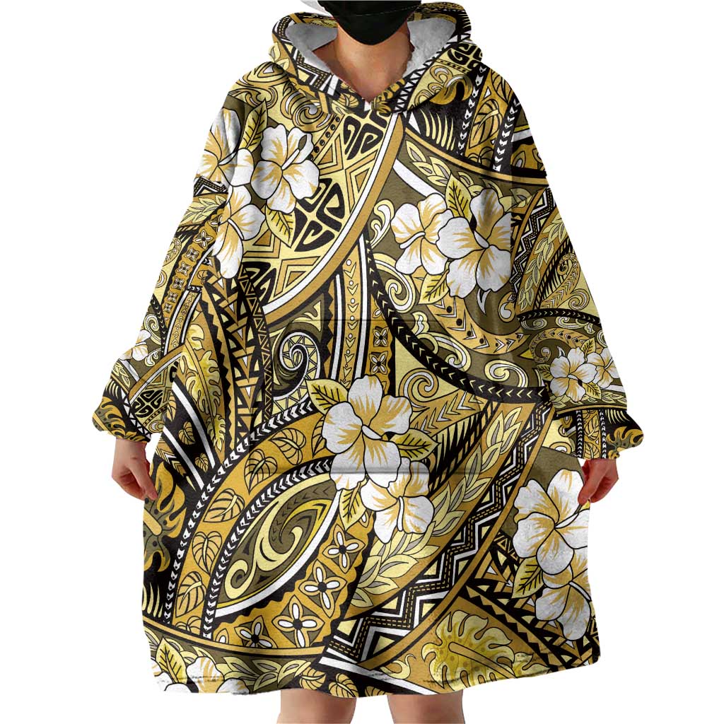 Polynesian Hibiscus Tropical Yellow Floral Wearable Blanket Hoodie Tribal Pattern - Polynesian Pride