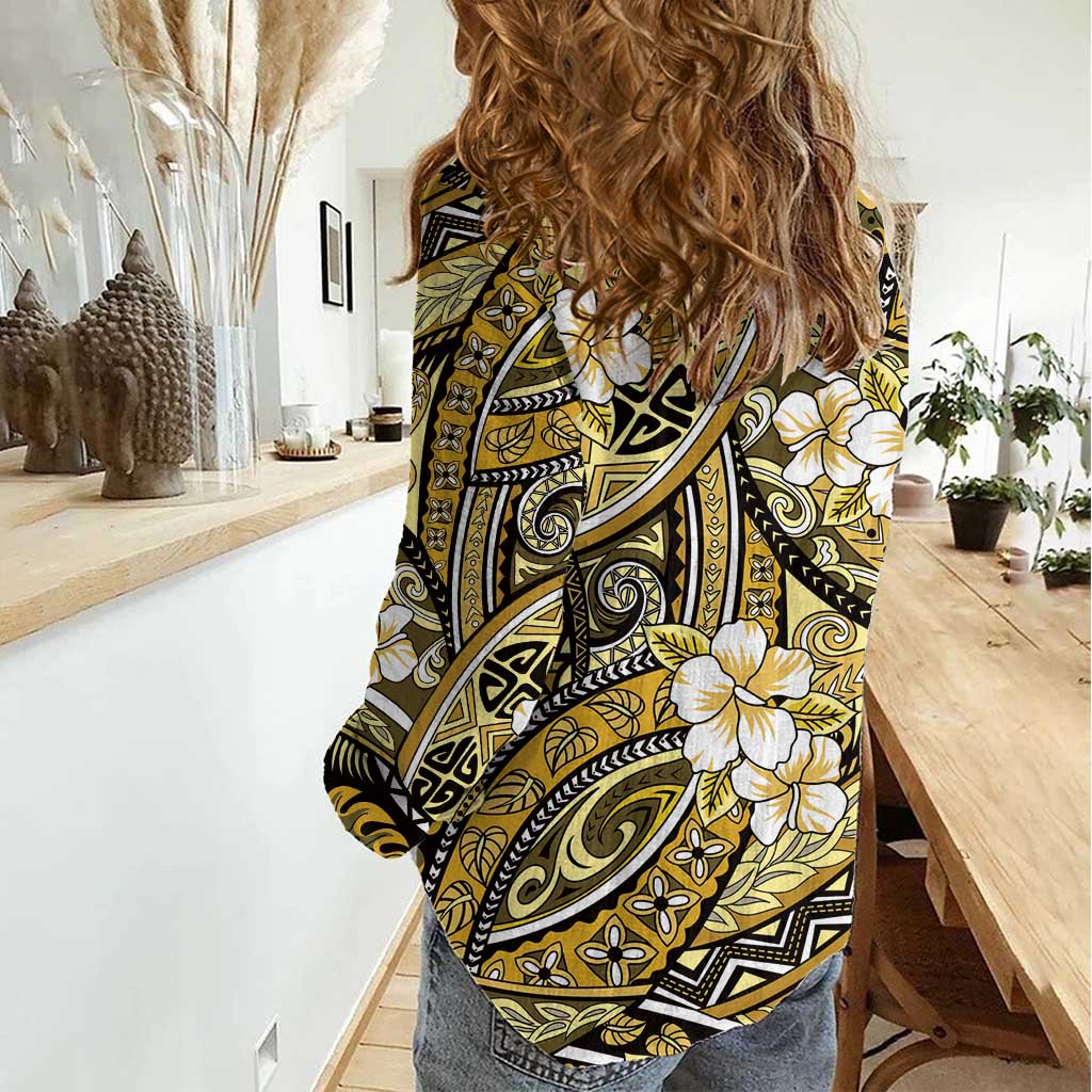 Polynesian Hibiscus Tropical Yellow Floral Women Casual Shirt Tribal Pattern - Polynesian Pride