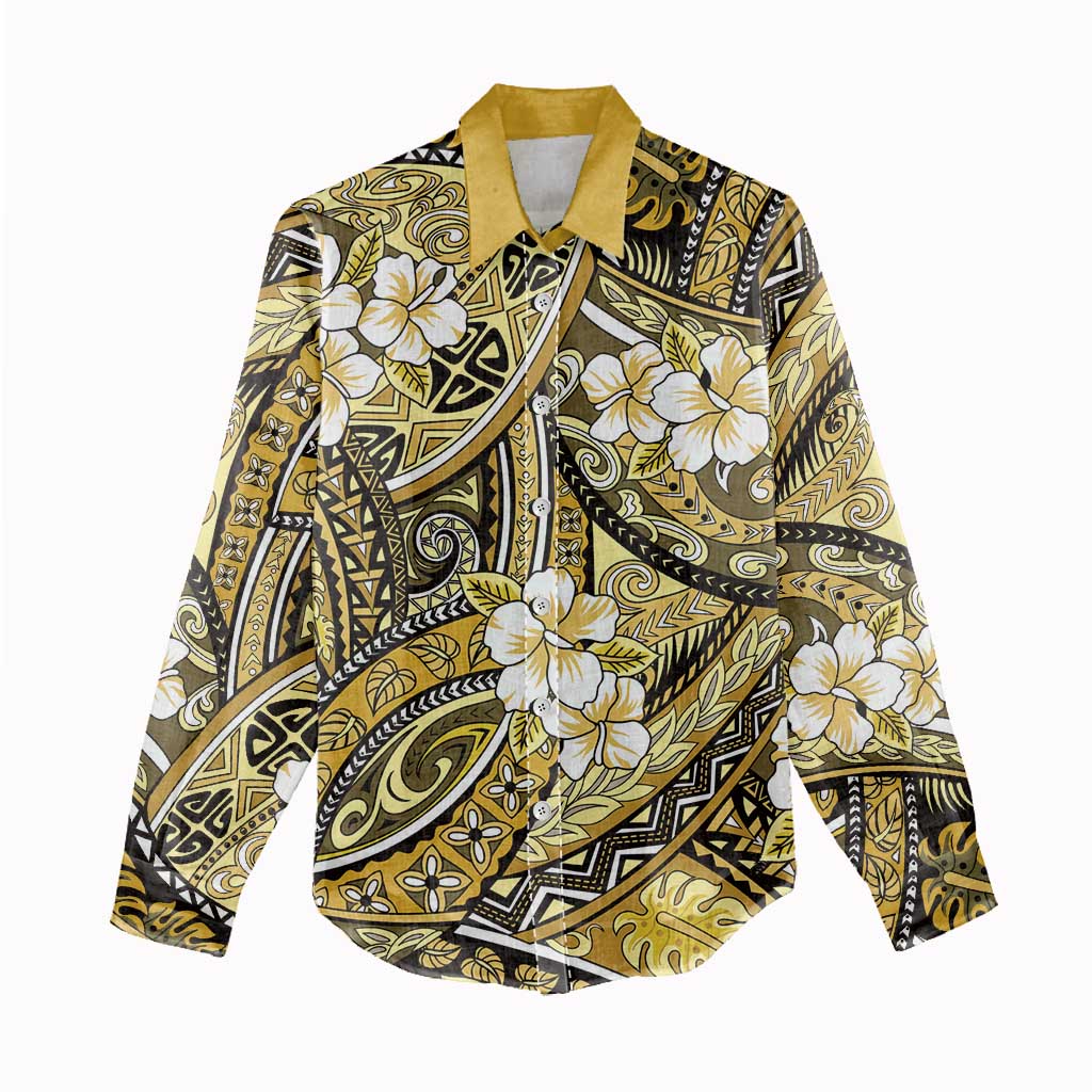 Polynesian Hibiscus Tropical Yellow Floral Women Casual Shirt Tribal Pattern - Polynesian Pride