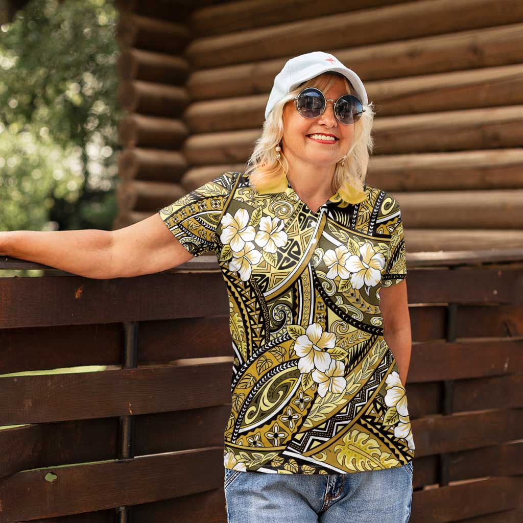 Polynesian Hibiscus Tropical Yellow Floral Women Polo Shirt Tribal Pattern - Polynesian Pride