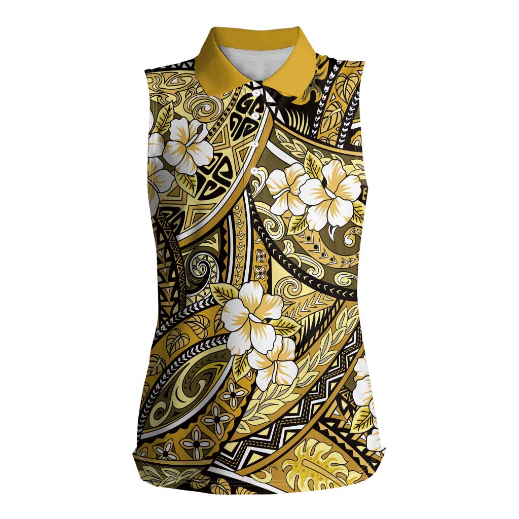 Polynesian Hibiscus Tropical Yellow Floral Women Sleeveless Polo Shirt Tribal Pattern - Polynesian Pride