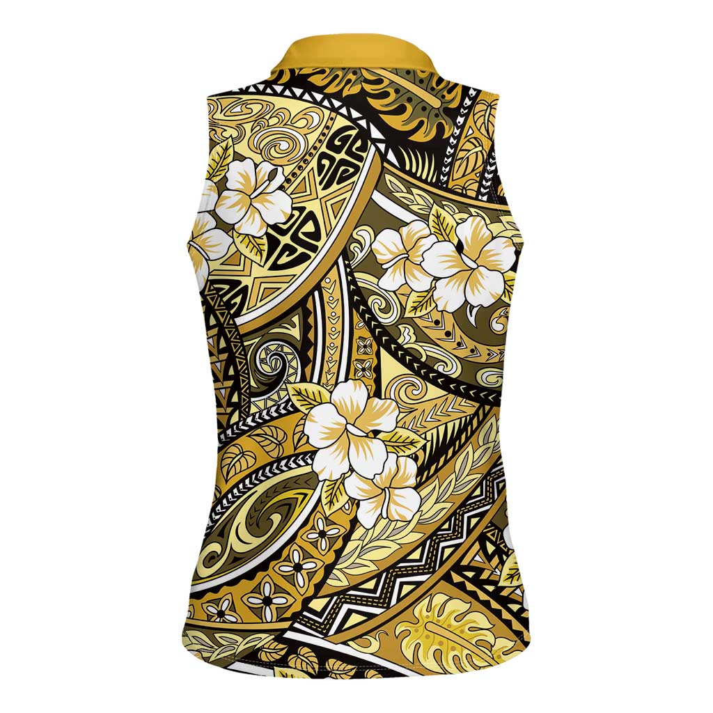 Polynesian Hibiscus Tropical Yellow Floral Women Sleeveless Polo Shirt Tribal Pattern - Polynesian Pride