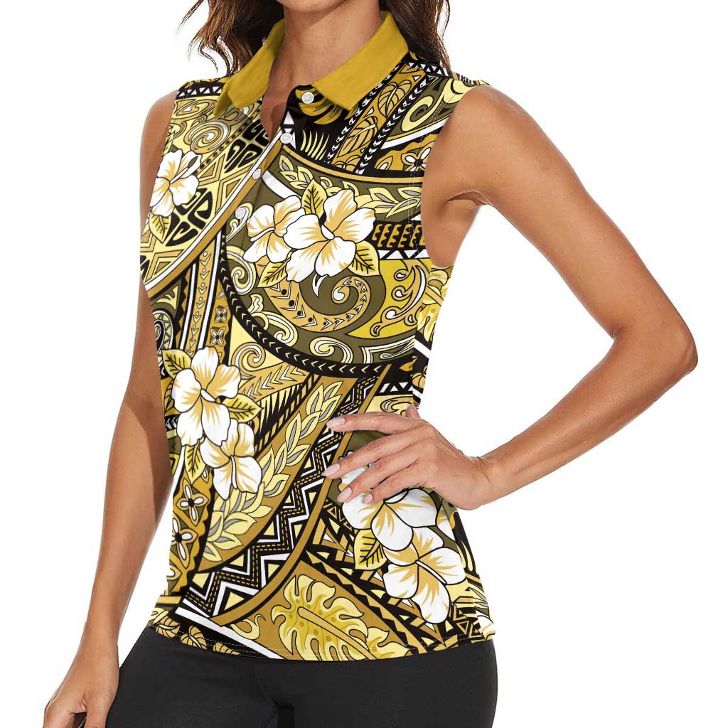Polynesian Hibiscus Tropical Yellow Floral Women Sleeveless Polo Shirt Tribal Pattern - Polynesian Pride