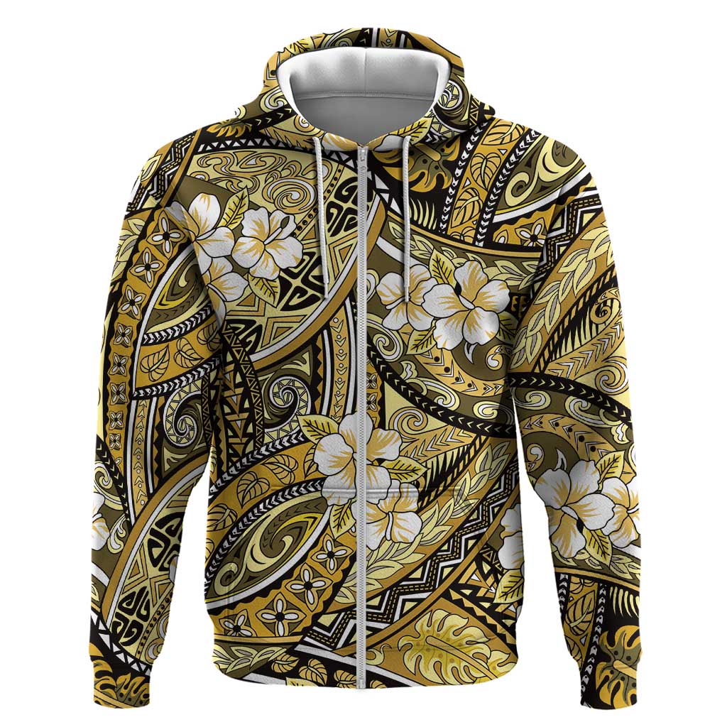 Polynesian Hibiscus Tropical Yellow Floral Zip Hoodie Tribal Pattern - Polynesian Pride