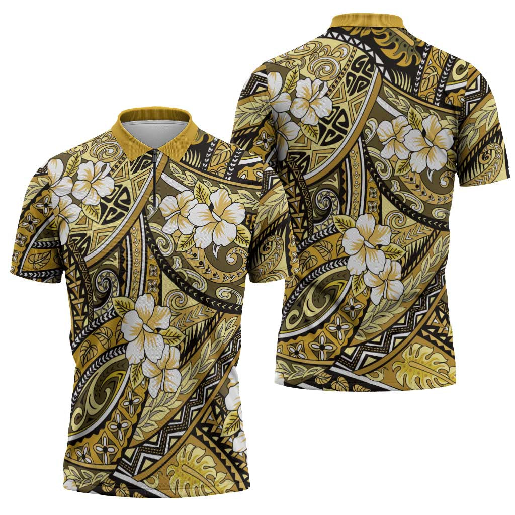Polynesian Hibiscus Tropical Yellow Floral Zipper Polo Shirt Tribal Pattern - Polynesian Pride