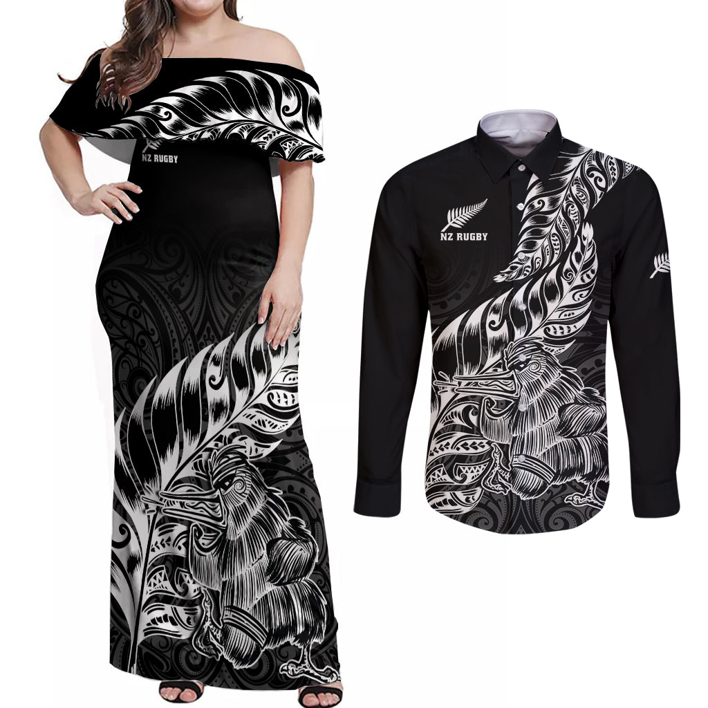 New Zealand Silver Fern Rugby Couples Matching Off Shoulder Maxi Dress and Long Sleeve Button Shirts Aotearoa Kiwi Maori Black Version LT01 Black - Polynesian Pride