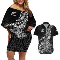 New Zealand Silver Fern Rugby Couples Matching Off Shoulder Short Dress and Hawaiian Shirt Aotearoa Kiwi Maori Black Version LT01 Black - Polynesian Pride