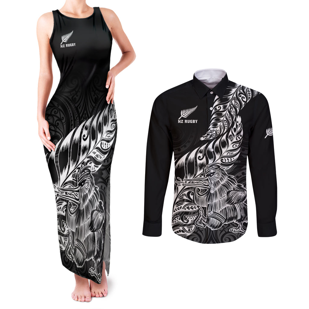 New Zealand Silver Fern Rugby Couples Matching Tank Maxi Dress and Long Sleeve Button Shirts Aotearoa Kiwi Maori Black Version LT01 Black - Polynesian Pride