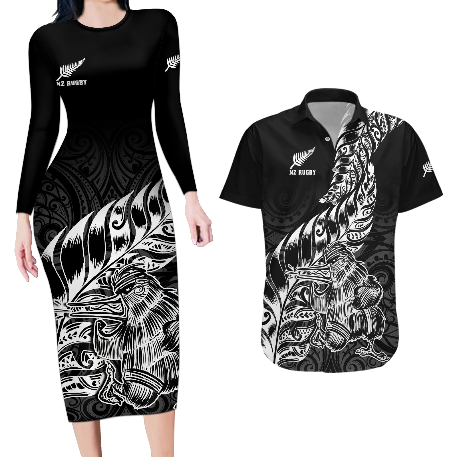 Custom New Zealand Silver Fern Rugby Couples Matching Long Sleeve Bodycon Dress and Hawaiian Shirt Aotearoa Kiwi Maori Black Version LT01 Black - Polynesian Pride