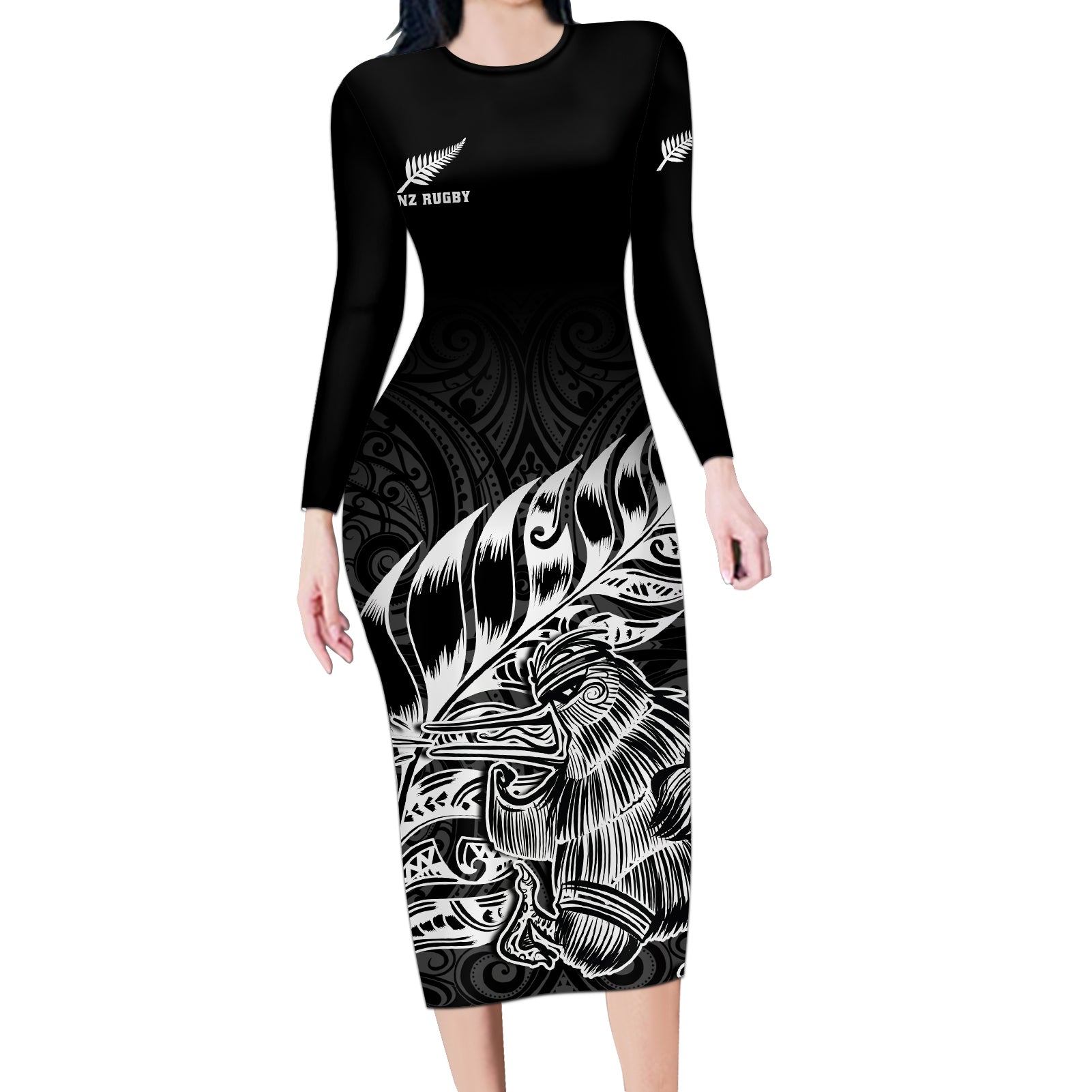 Custom New Zealand Silver Fern Rugby Long Sleeve Bodycon Dress Aotearoa Kiwi Maori Black Version LT01 Long Dress Black - Polynesian Pride